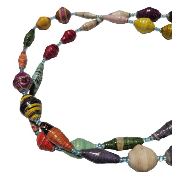 Handmade Boho Recycled Paper Bead Necklace Eco Friendly Fashion Jewelry Women - Picture 3 of 5